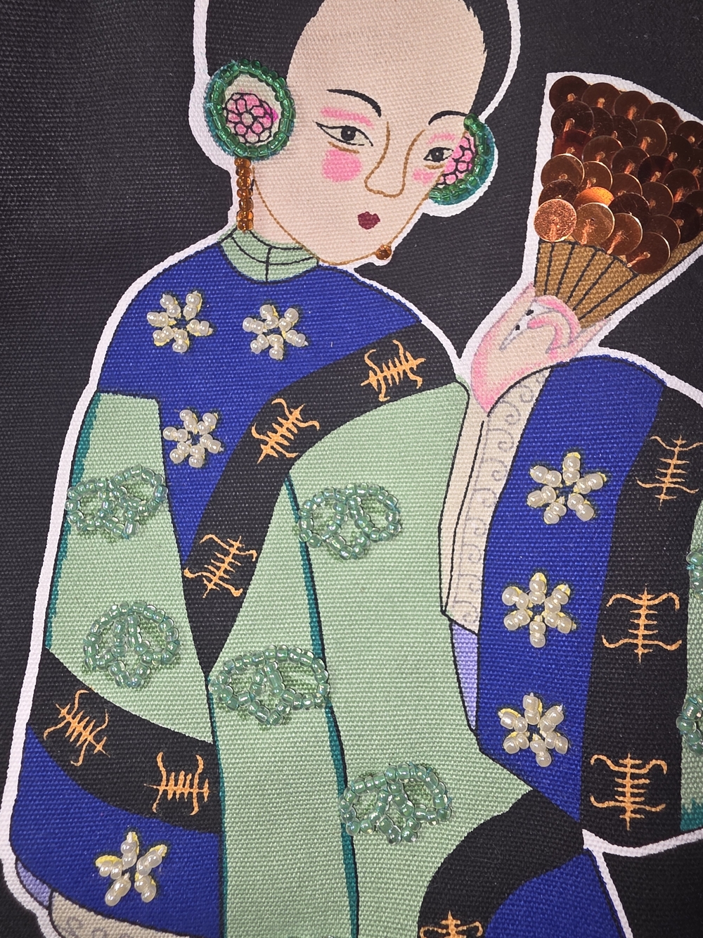 Vintage Bueno Black Fabric Tote Bag with Decorative Asian Motif - Picture 4 of 16